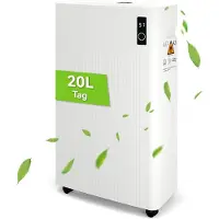 Puluomis Mobiler Lufttrockner, Luftentfeuchter elektrisch, 20L/Tag Tank 6.5L, mit Timer, 1m Ablaufschlauch, Kompressor R290, für Wohnzimmer weiß