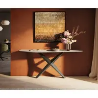 DELIFE Konsolentisch Edge Polygonal 180x50 cm Keramik Laminam Travertino Bianco Creme-Weiß Zentharo Metall Effektfinish Titan