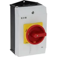 Eaton 199911 Hauptschalter, P1, 40 A, Aufbau, 3-polig + N, NOT-AUS-Funktion, mit rotem Drehgriff und gelbem Sperrkranz, abschließbar in 0-Stellung