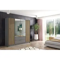ALTDECOR Kleiderschrank NELIA mit Spiegel und selbstschließenden, Lamellentüren, Lamellen, Flügeltüren, 200 cm Graphit