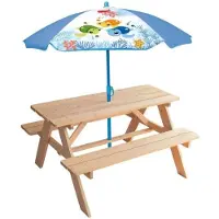 Fun House Kindertisch mit Holz-Picknicktisch & Schildkröten-Sonnenschirm, Naturstil, mit eingebauten Bänken, 95 x 75 x 53 cm