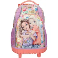 Depesche 13286 TOPModel Girl Power - Schulrucksack Trolley in Lila und Beige, mit Model Motiv und bunten Patches, Schultasche mit Teleskopgriff und Rollen