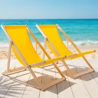 Woodok Strandliege Gelb 2er Set Sonnenliege Gartenliege Liegestuhl Klappstuhl Holz Kiefernholz Polyester 3fach verstellbar faltbar Balkon Terrasse 120kg