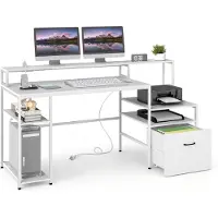Costway Computertisch mit Ladestation, Arbeitstisch mit rollbarer Schublade, Monitorständer, Metallrahmen&verstellbaren Füßen,Schreibtisch 166x60x88cm