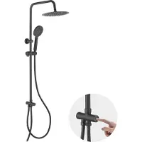 Famanu Duschsystem Verstellbare Duschstange mit Kopf- und Handbrause - Schwarze Regendusche ohne Armatur