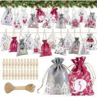 OEM Einweg- Adventskalender 2025 - 24 linnen Taschen - Holzklammern - Juteband - Erneuerbar und robust