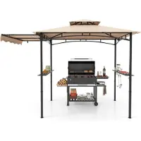 KOMFOTTEU 318 x 153 cm Grillpavillon mit Seitenmarkise, Outdoor Partyzelt mit doppelstöckigem Dach, Serviertische, Aufhängehaken, Flaschenöffner, Soft-Top-Grillüberdachung für Garten, Hof, Pool