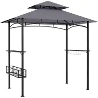 Costway Grillpavillon, Grillunterstand mit Doppeldach, Korb, 2 Seitenregalen & 8 Haken, Pavillon wetterfest, Grillüberdachung 245x149x248cm, Grau