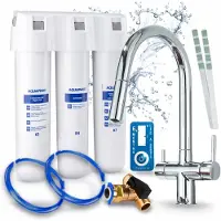 ARI 3-Wege-Küchenarmatur Slender, Chrom, Ausziehbare Spültischarmatur Im Set Mit Aquaphor Kristall H Wasserfiltersystem, 360° Schwenkbar