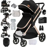 StarTech.com 3-in-1-Babywagen - V10-Reisesystem - Für geborene - Zusammenklappbar - Wende-Sitzeinheit - Mehrfach Verstellbare Rückenlehne - UV-Schutz - Schwarz/Gold