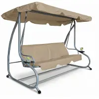 HomeShopXL 3-Personen-Gartenschaukelbank Dunkelbeige mit Sonnendach und Getränkehalter - Metall-Gartenschaukel - Wetterfest - 200 x 120 x 164 cm - Komfortable Gartenschaukelbank für den Außenbereich [11493A]