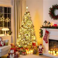 Yaheetech 183cm Künstlicher Weihnachtsbaum mit Schnee & 250 LED, ca.780 Spitzen, Tannenbaum mit Metallständer, Weiß & Grün