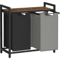 Vasagle Wäschekorb, 2 Fächer, Wäschekorb mit Ablage, Wäschekiste, Oxford-Stoff Wäschesack, abnehmbar, Metallrahmen, 2 x 46 L, 73 x 33 x 72 cm, Tintenschwarz, Taubenblau, Vintage-Braun