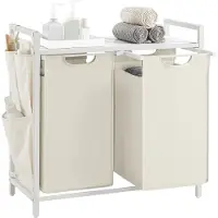 Vasagle Wäschekorb 2 Fächer, Wäschesammler mit Ablage, Wäschebox, Wäschesack aus Oxford-Gewebe abnehmbar, Metallrahmen, 2 x 46 L, 73 x 33 x 72 cm, cremeweiß-mattweiß