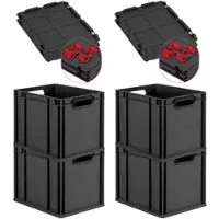 Proregal SuperSparSet 4x Eurobox Nextgen Grip Mit Scharnierdeckel Und Roten Verschlüssen HxBxT 32x30x40cm 30 Liter Schwarz Griffe Offen