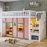 MODFU Kinderbett 90x200 Hochbett mit Stauraumtreppe,Jugendbett mit LED, Spielbereich und Rausfallschutz,ohne Matratze,Weiß