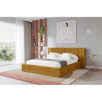 ALTDECOR Polsterbett mit Bettkasten - TEVO - 200x200 - Senfgelb - Bett mit Matratze H3/H4, Doppelbett mit Stauraum und Latternrost, Boxbett mit Kopfteil