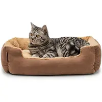 Lionto Katzenbett, weiches Kuschelbett mit herausnehmbarem Wendekissen & Anti-Rutsch-Boden, pflegeleicht & modern, 60x48 cm, braun/beige