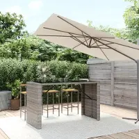 Markenlos Grauer Bartisch mit Glasplatte, 185x80x110 cm, aus wetterfestem Poly-Rattan, Gartentisch, Balkon- und Terrassentisch, Klapptisch, Beistelltisch und Loungetisch für den Außenbereich