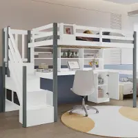 Youjia Halbhohes Bett, Mit Stoff-Aufbewahrungsbox, Reichlich Stauraum, Mit seitlicher Leiter, Offenes Regal, Jugendbett mit Schreibtisch und Schließfächern