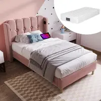 Youjia Polsterbett Einzelbett mit USB Typ C Ladefunktion, Bettgestell mit Lattenrost , Gepolstertes bett in Rosa