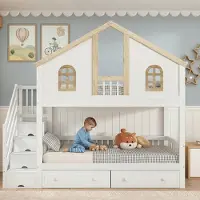 Youjia Etagenbett, Kinderbett, mit farblich abgesetztem Fallschutzgitter, mit Fenster, Zwei Schubladen mit Rollen, Treppe mit 4 Ablagefächern, Kiefer+MDF