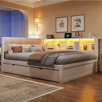 ALFORIGO Tagesbett 140x200 cm mit 2 Schubladen, 4-stufigem Seitenregal, USB-Anschluss und dimmbarer LED-Beleuchtung, Kiefernholz & MDF, Weiß