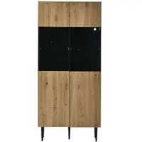 Merax Hochschrank 80x35x180cm LED Glastüren Naturholz Schwarz