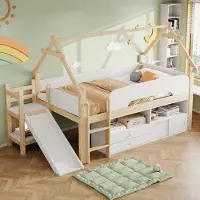 Flieks Kinderbett Hausbett 90x200cm mit Rutsche, Kinder Hochbett mit Schubladen und Ablagen, Etagenbett Einzelbett mit Rausfallschutz, Naturbelassen
