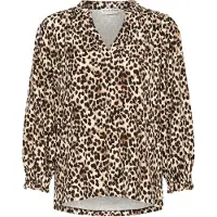 Pulz Jeans Kurzarmbluse "Damen Kurzarm-Bluse PZCHARLOTTE", Damen, Gr. L, braun (braun animal printed), Obermaterial: 95% Viskose CV. 5% Elasthan EL., Blusen Kurzarmbluse