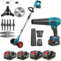 ONEVAN Akku-Laubbläser 300 m/s und Rasentrimmer 600 W, 100-135 cm, 4 Akkus, 4 Düsen, Blau
