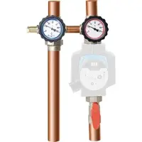 Markenprodukt Pumpenabsperrset DN25 (1'') mit Bypass, Vorlauf rechts ÜWM und Thermometer rot/blau