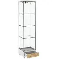 MODFU Vitrine aus MDF und Glas in Weiß, 42,5x36,5x167 cm, mit LED-Beleuchtung, Rollen und Schubladen