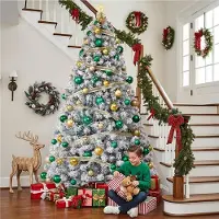 Yaheetech 213cm Künstlicher Weihnachtsbaum mit Schnee & 350 LED, ca.1000 Spitzen, Tannenbaum mit Metallständer, Weiß & Grün