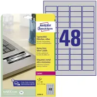 Avery Typenschildetiketten L6009-20, extrem robust, geeignet für SW-Laserdrucker, 45,7x 21,2 mm, 960 Stück/20 A4-Bogen, Polyesterfolie, silber