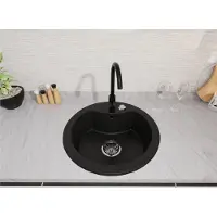 Markenlos Faizee Home | Granitspüle Vela Ø 49 cm – Stilvolle Eleganz inkl. passender Armatur | Spülbecken für Unterschrank ab 45 cm | Robust & pflegeleicht (Mattschwarz)