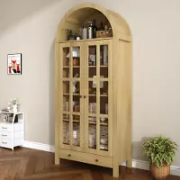 OKWISH Bogenförmiger Hochschrank mit Vitrinentüren und Schublade, Küchenschrank mit höhenverstellbaren Einlegeböden, offener Stauraum,Natur