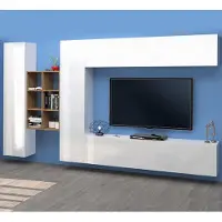 Web Furniture Weiße Wohnwand mit hängendem TV-Schrank, 2 Schränken und Bücherregal Sid WH