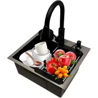 Markenlos Küchenspüle mit ausziehbarem Wasserhahn aus Edelstahl in Schwarz mit Seifenspender, Siebkorb und Tassenspüler, Abflussrohr 45 x 40 cm