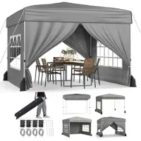 KOMFOTTEU 3x3m Pop-up Pavillon wasserfest, Faltpavillon mit 4 Seitenwänden & 4 Sandsäcken, 3-fach höhenverstellbarer Gartenpavillon mit Rollentasche für Strand, Hochzeit & Camping, Grau