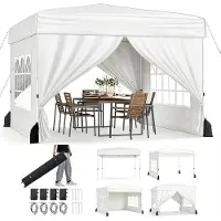 KOMFOTTEU 3x3m Pop-up Pavillon wasserfest, Faltpavillon mit 4 Seitenwänden & 4 Sandsäcken, 3-fach höhenverstellbarer Gartenpavillon mit Rollentasche für Strand, Hochzeit & Camping, Weiß