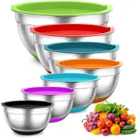 Markenlos Mixing Bowl Set 7-teilig – Edelstahl mit luftdichtem Deckel und Silikonboden
