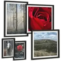 Tulup BILDER SET 5er Set - 50x50 cm & 20x30 cm & 40x60 cm Schwarzer Rahmen - Rote Rosen auf pferdegrauem Hintergrund