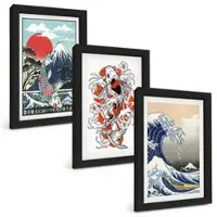 Tulup BILDER SET 3er Set - 20x30 cm Schwarzer Rahmen - Berge von Fischen Große Welle Japan