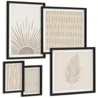 Tulup BILDER SET 5er Set - 50x50 cm & 20x30 cm & 40x60 cm Schwarzer Rahmen - Beige Pflanzenmuster