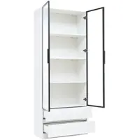 OKWISH Vitrine mit LED Beleuchtung Schubladen Aufbewahrungsregal 80x34x200cm Weiß