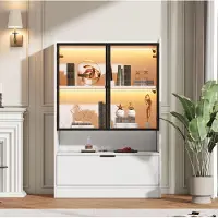 STILVORA Vitrine aus Spanplatte und Glas, Weiß, 120x80x35 cm, LED-Beleuchtung