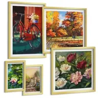 Tulup BILDER SET 5er Set - 50x50 cm & 20x30 cm & 40x60 cm Goldrahmen - Strand Holzsteg Klippen