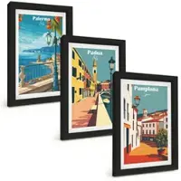 Tulup BILDER SET 3er Set - 20x30 cm Schwarzer Rahmen - Retro-Stadtillustrationen