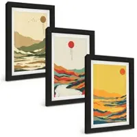 Tulup BILDER SET 3er Set - 20x30 cm Schwarzer Rahmen - Farbenfrohe Muster der Japandi-Flussberge